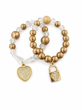 Gold Beaded Heart & Lock Charm Stretch Bracelet Set